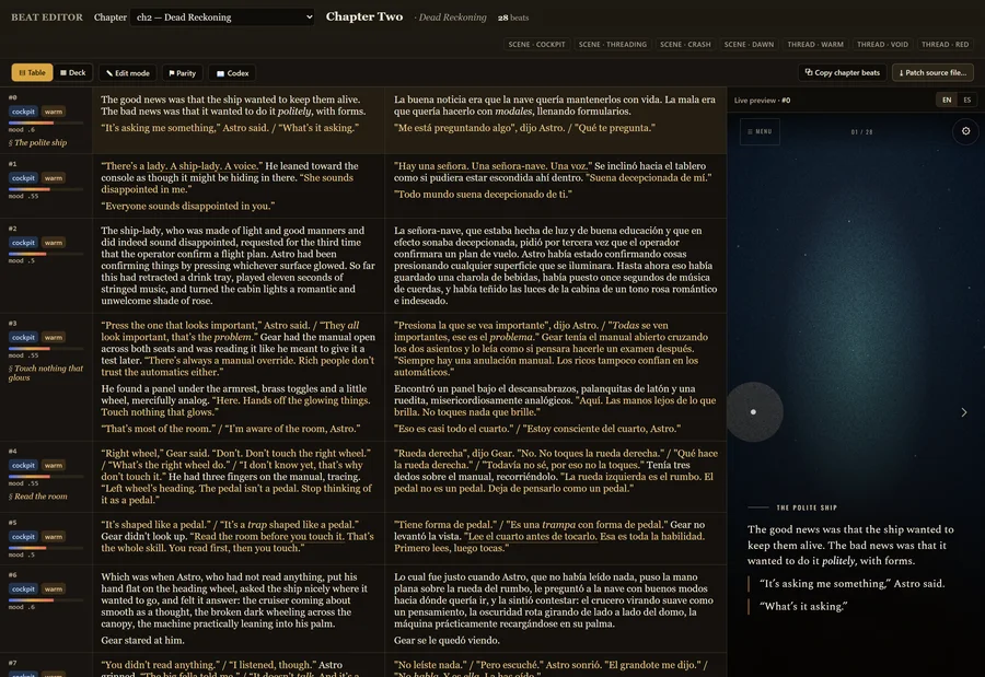The Beatbound table view — English and Spanish columns with mood grading