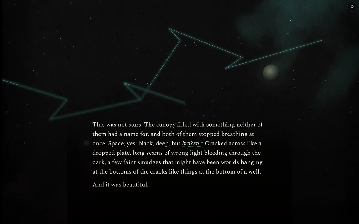 The reader: cracked teal seams of light across black space