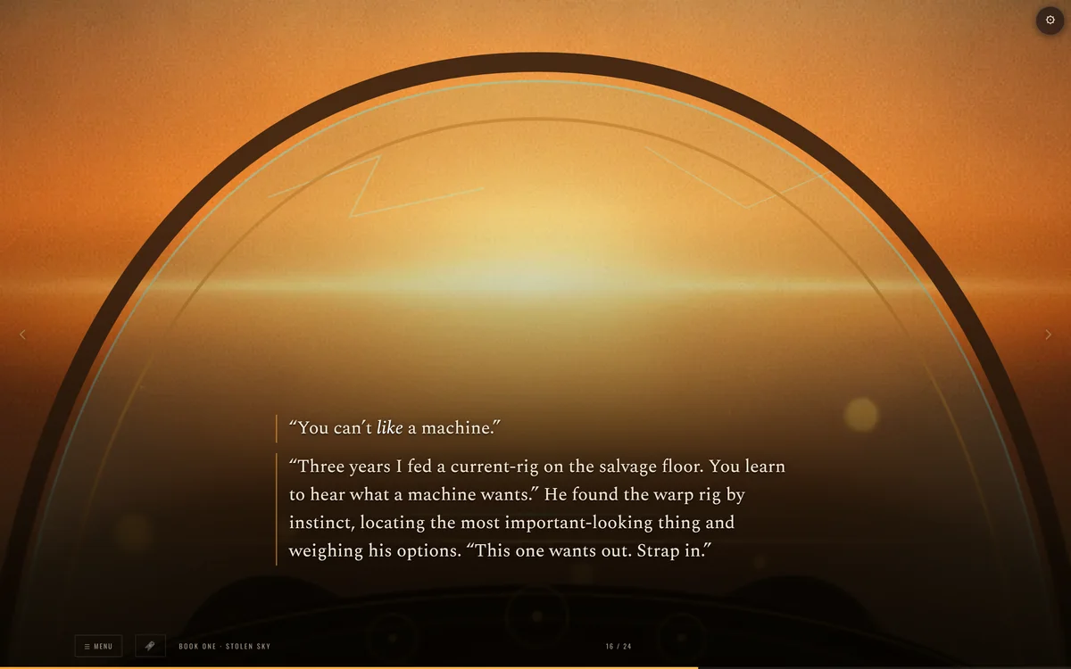 The reader: the cockpit dome filled with gold light