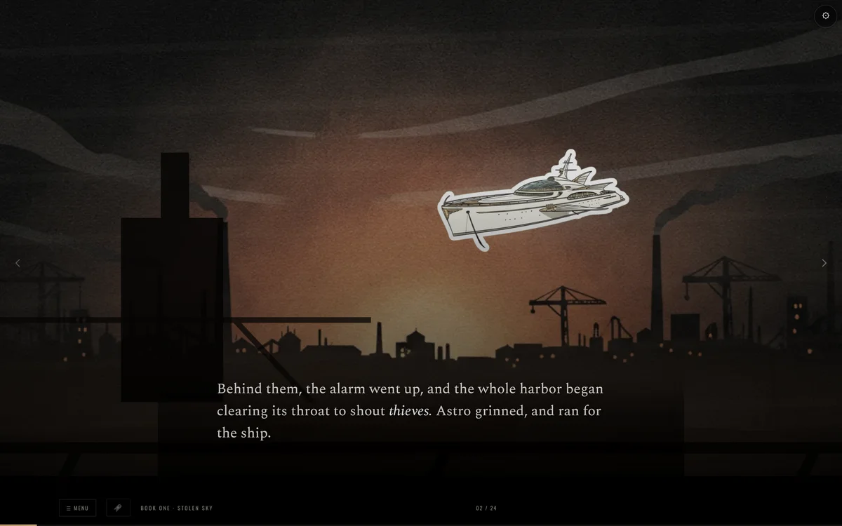 The reader: a stolen ship lifting over a smokestack harbour at dusk