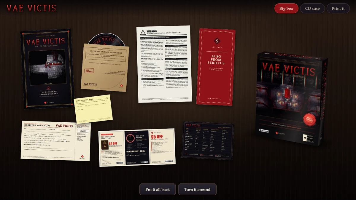 The VAE VICTIS big box standing on a table, its manual, disc, coupons and warning sheet laid out beside it