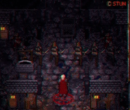 In game: Wick on a red sigil in the Tower's village, gibbets behind him