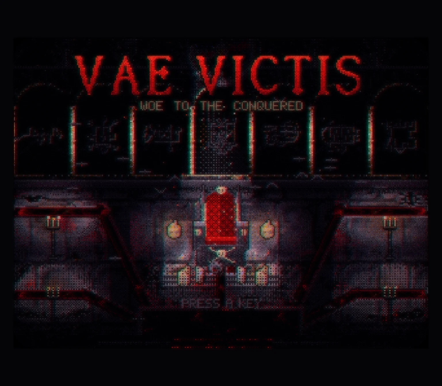 The VAE VICTIS title screen: blood-red capitals over the throne room