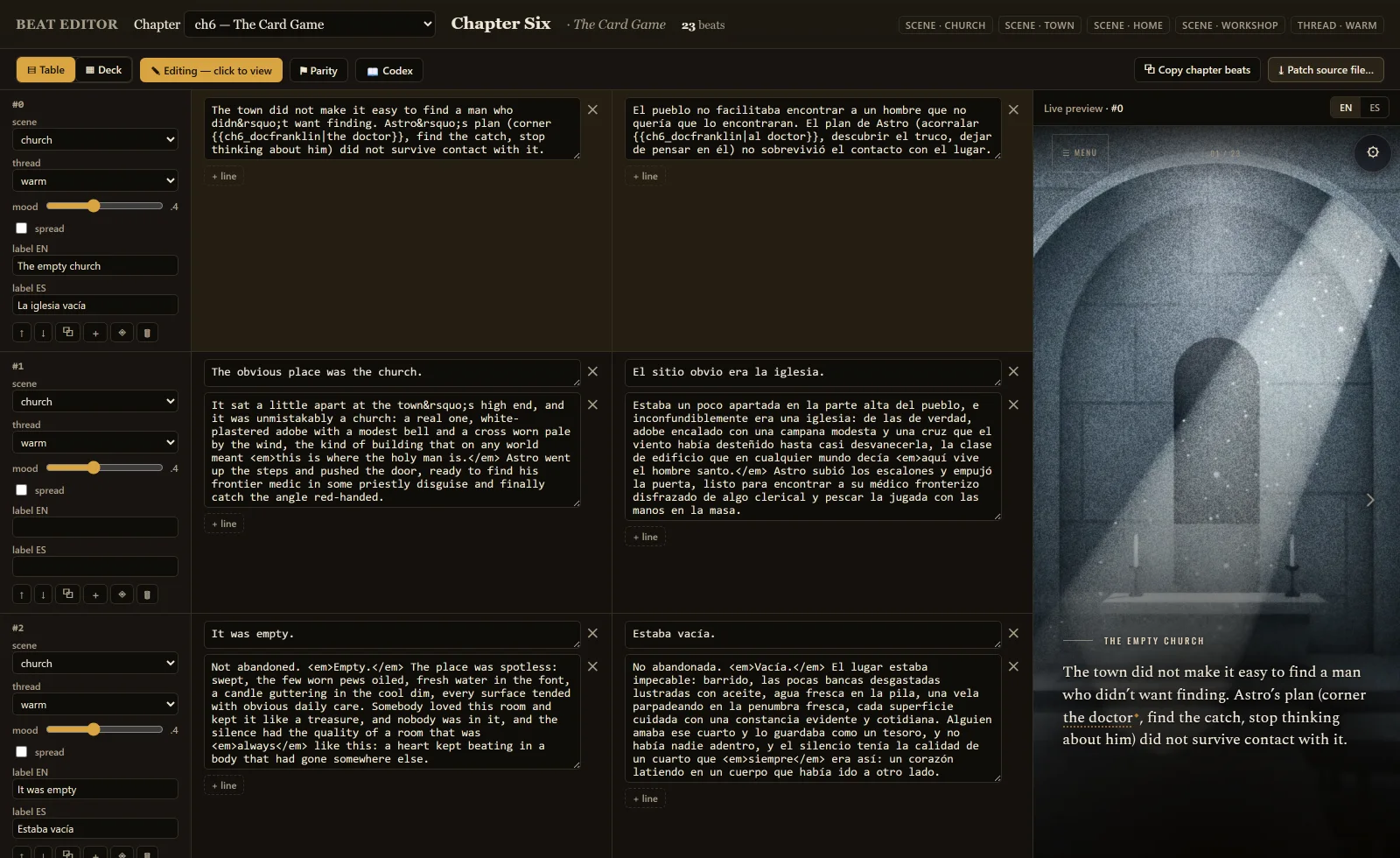 The beat editor: English and Spanish text side by side, per-beat scene, thread and mood controls on the left, and a live preview of the reader on the right showing the same church scene.
