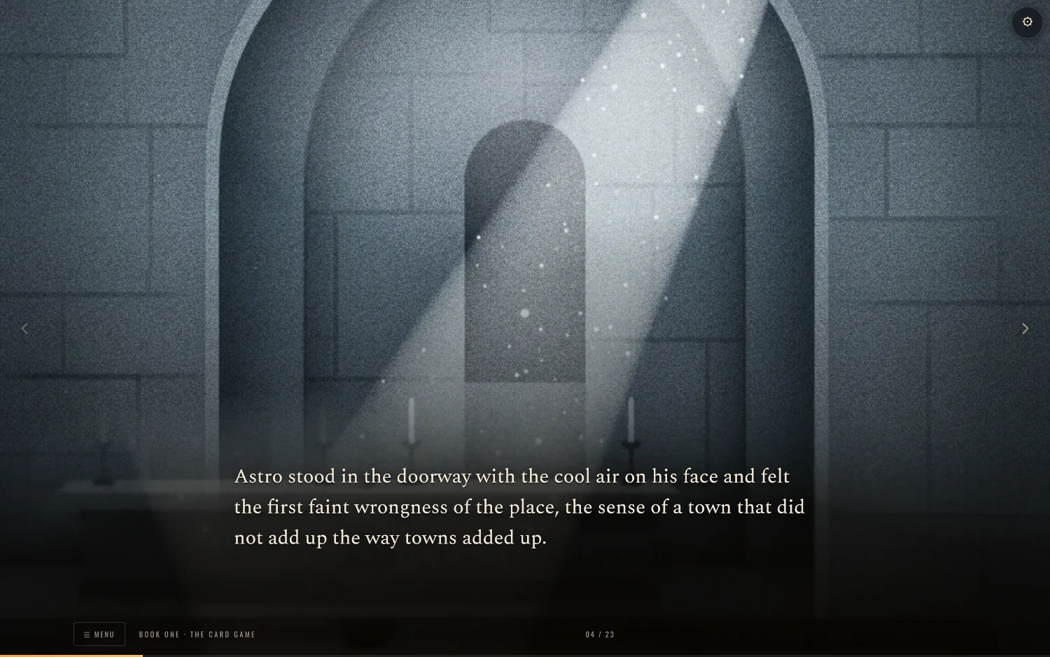 The reader showing a chapter of The Stolen Sky: a painted church interior with a shaft of light, and a line of prose set over it.